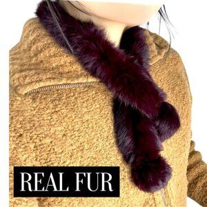 100% REAL FUR Luxurious Knitted Burgundy Wrap Scarf Pom Pom Soft Cozy